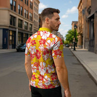 Yellow Hawaii Hibiscus Zipper Polo Shirt Tropical Flowers Seamless Pattern - Polynesian Pride