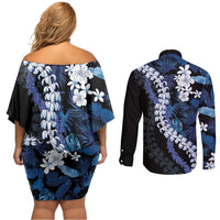 Polu Aloha Hawaii Lei Couples Matching Off Shoulder Short Dress and Long Sleeve Button Shirt Tropical Flowers Elegant Vibe - Polynesian Pride
