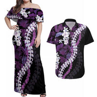 Poni Aloha Hawaii Lei Couples Matching Off Shoulder Maxi Dress and Hawaiian Shirt Tropical Flowers Elegant Vibe LT14 Purple - Polynesian Pride
