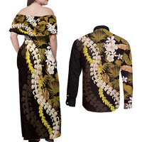 Kula Aloha Hawaii Lei Couples Matching Off Shoulder Maxi Dress and Long Sleeve Button Shirt Tropical Flowers Elegant Vibe - Polynesian Pride