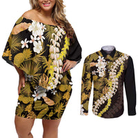 Kula Aloha Hawaii Lei Couples Matching Off Shoulder Short Dress and Long Sleeve Button Shirt Tropical Flowers Elegant Vibe - Polynesian Pride