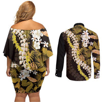 Kula Aloha Hawaii Lei Couples Matching Off Shoulder Short Dress and Long Sleeve Button Shirt Tropical Flowers Elegant Vibe - Polynesian Pride