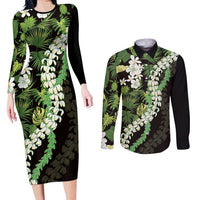 Omaomao Aloha Hawaii Lei Couples Matching Long Sleeve Bodycon Dress and Long Sleeve Button Shirt Tropical Flowers Elegant Vibe - Polynesian Pride