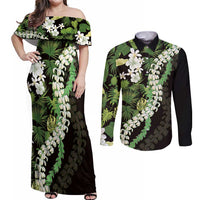 Omaomao Aloha Hawaii Lei Couples Matching Off Shoulder Maxi Dress and Long Sleeve Button Shirt Tropical Flowers Elegant Vibe - Polynesian Pride