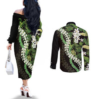 Omaomao Aloha Hawaii Lei Couples Matching Off The Shoulder Long Sleeve Dress and Long Sleeve Button Shirt Tropical Flowers Elegant Vibe - Polynesian Pride