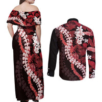 Ulaula Aloha Hawaii Lei Couples Matching Off Shoulder Maxi Dress and Long Sleeve Button Shirt Tropical Flowers Elegant Vibe - Polynesian Pride