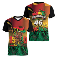 Vanuatu Independence Day Women V-Neck T-Shirt Chibi Boar Proud To Be A Ni-Van LT14 - Polynesian Pride