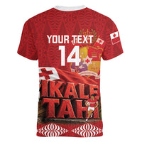 Tonga Rugby Custom Women V-Neck T-Shirt 2026 Go Ikale Tahi Ngatu Pattern LT14 - Polynesian Pride
