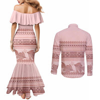 Pastel Pink Samoa Siapo Teuila Flowers Couples Matching Mermaid Dress and Long Sleeve Button Shirt - Polynesian Pride