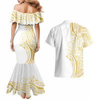 Polynesia White Sunday Couples Matching Mermaid Dress and Hawaiian Shirt Plumeria Polynesian Tribal Gold Color - Polynesian Pride