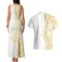 Polynesia White Sunday Couples Matching Tank Maxi Dress and Hawaiian Shirt Plumeria Polynesian Tribal Gold Color - Polynesian Pride
