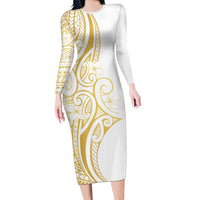 Polynesia White Sunday Family Matching Long Sleeve Bodycon Dress and Hawaiian Shirt Plumeria Polynesian Tribal Gold Color - Polynesian Pride