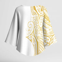 Polynesia White Sunday Kimono Sleeve Blouse Plumeria Polynesian Tribal Gold Color - Polynesian Pride