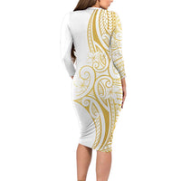 Polynesia White Sunday Long Sleeve Bodycon Dress Plumeria Polynesian Tribal Gold Color - Polynesian Pride
