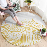Polynesia White Sunday Round Carpet Plumeria Polynesian Tribal Gold Color - Polynesian Pride