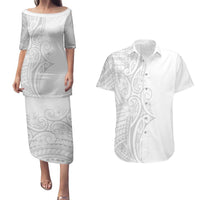 Polynesia White Sunday Couples Matching Puletasi and Hawaiian Shirt Plumeria Polynesian Tribal Grey Color - Polynesian Pride