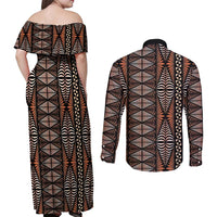 Malo e lelei Tonga Couples Matching Off Shoulder Maxi Dress and Long Sleeve Button Shirt Tongan Ngatu Vintage Brown - Polynesian Pride