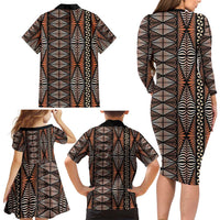 Malo e lelei Tonga Family Matching Long Sleeve Bodycon Dress and Hawaiian Shirt Tongan Ngatu Vintage Brown - Polynesian Pride