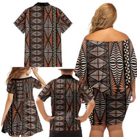 Malo e lelei Tonga Family Matching Off Shoulder Short Dress and Hawaiian Shirt Tongan Ngatu Vintage Brown - Polynesian Pride