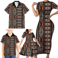 Malo e lelei Tonga Family Matching Short Sleeve Bodycon Dress and Hawaiian Shirt Tongan Ngatu Vintage Brown - Polynesian Pride