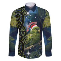 New Zealand Christmas Family Matching Off Shoulder Maxi Dress and Hawaiian Shirt Cute Kakapo Meri Kirihimete Maori Koru LT14 Dad's Shirt - Long Sleeve Blue - Polynesian Pride