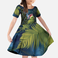 New Zealand Christmas Family Matching Summer Maxi Dress and Hawaiian Shirt Cute Kakapo Meri Kirihimete Maori Koru LT14 Daughter's Dress Blue - Polynesian Pride