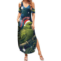 New Zealand Christmas Family Matching Summer Maxi Dress and Hawaiian Shirt Cute Kakapo Meri Kirihimete Maori Koru LT14 Mom's Dress Blue - Polynesian Pride