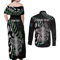 Personalised New Zealand Silver Fern Rugby Couples Matching Off Shoulder Maxi Dress and Long Sleeve Button Shirt Paua Shell With Champions Trophy History NZ Forever LT14 - Polynesian Pride