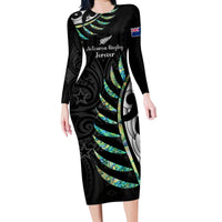 Personalised New Zealand Silver Fern Rugby Family Matching Long Sleeve Bodycon Dress and Hawaiian Shirt Paua Shell With Champions Trophy History NZ Forever LT14 Mom's Dress Black - Polynesian Pride