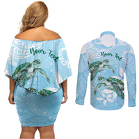 Personalised Polynesia Valentine's Day Couples Matching Off Shoulder Short Dress and Long Sleeve Button Shirt SeaTurtle Couple Polynesian - Fairy Sparkles Color