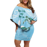 Personalised Polynesia Valentine's Day Family Matching Off Shoulder Short Dress and Hawaiian Shirt SeaTurtle Couple Polynesian - Fairy Sparkles Color LT14 Mom's Dress Blue - Polynesian Pride