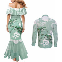 Happy Valentine's Day Polynesia Couples Matching Mermaid Dress and Long Sleeve Button Shirt SeaTurtle Couple Polynesian - Green Lester Color