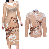 Happy Valentine's Day Polynesia Couples Matching Long Sleeve Bodycon Dress and Long Sleeve Button Shirt SeaTurtle Couple Polynesian - Desert Sand Color
