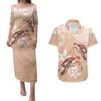 Happy Valentine's Day Polynesia Couples Matching Puletasi and Hawaiian Shirt SeaTurtle Couple Polynesian - Desert Sand Color
