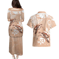 Happy Valentine's Day Polynesia Couples Matching Puletasi and Hawaiian Shirt SeaTurtle Couple Polynesian - Desert Sand Color