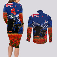 New Zealand ANZAC Day Couples Matching Long Sleeve Bodycon Dress and Long Sleeve Button Shirt 25 April Last Post Camouflage With Poppies LT14 - Polynesian Pride
