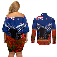New Zealand ANZAC Day Couples Matching Off Shoulder Short Dress and Long Sleeve Button Shirt 25 April Last Post Camouflage With Poppies LT14 - Polynesian Pride