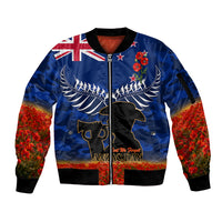 New Zealand ANZAC Day Sleeve Zip Bomber Jacket 25 April Last Post Camouflage With Poppies LT14 Unisex Blue - Polynesian Pride