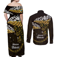 New Zealand Matariki Couples Matching Off Shoulder Maxi Dress and Long Sleeve Button Shirt Maori New Year Silver Fern And Lizard - Gold LT14 - Polynesian Pride