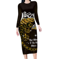 New Zealand Matariki Family Matching Long Sleeve Bodycon Dress and Hawaiian Shirt Maori New Year Silver Fern And Lizard - Gold LT14 Mom's Dress Gold - Polynesian Pride