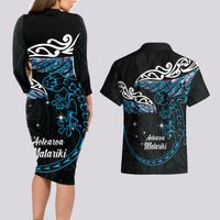 New Zealand Matariki Couples Matching Long Sleeve Bodycon Dress and Hawaiian Shirt Maori New Year Silver Fern And Lizard - Turquosie LT14 - Polynesian Pride