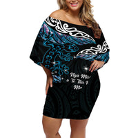 New Zealand Matariki Off Shoulder Short Dress Maori New Year Silver Fern And Lizard - Turquosie
