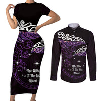 New Zealand Matariki Couples Matching Short Sleeve Bodycon Dress and Long Sleeve Button Shirt Maori New Year Silver Fern And Lizard - Purple LT14 Purple - Polynesian Pride
