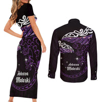 New Zealand Matariki Couples Matching Short Sleeve Bodycon Dress and Long Sleeve Button Shirt Maori New Year Silver Fern And Lizard - Purple LT14 - Polynesian Pride