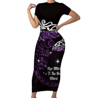 New Zealand Matariki Family Matching Short Sleeve Bodycon Dress and Hawaiian Shirt Maori New Year Silver Fern And Lizard - Purple LT14 Mom's Dress Purple - Polynesian Pride