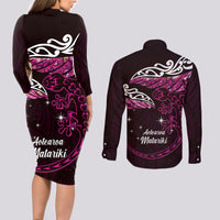 New Zealand Matariki Couples Matching Long Sleeve Bodycon Dress and Long Sleeve Button Shirt Maori New Year Silver Fern And Lizard - Pink LT14 - Polynesian Pride