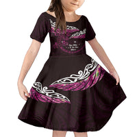 New Zealand Matariki Family Matching Short Sleeve Bodycon Dress and Hawaiian Shirt Maori New Year Silver Fern And Lizard - Pink LT14 Daughter's Dress Pink - Polynesian Pride