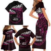 New Zealand Matariki Family Matching Short Sleeve Bodycon Dress and Hawaiian Shirt Maori New Year Silver Fern And Lizard - Pink LT14 - Polynesian Pride
