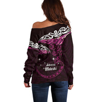 New Zealand Matariki Off Shoulder Sweater Maori New Year Silver Fern And Lizard - Pink LT14 - Polynesian Pride