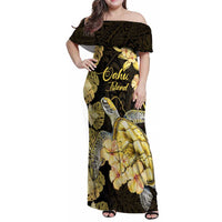 Personalised Aloha Hawaii Oahu Island Family Matching Off Shoulder Maxi Dress and Hawaiian Shirt Gathering Place Sea Turtle Ilima Flowers